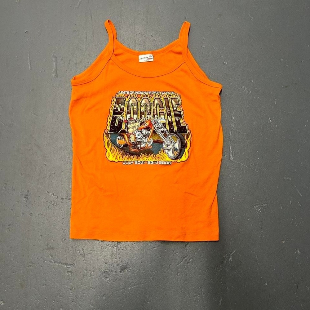 Vintage women's y2k 2006 orange biker fest double sided big print graphic tank
